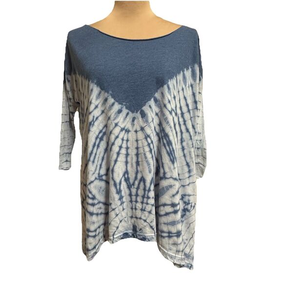 FREE PEOPLE Sz XS LA LIVIN COASTAL 3/4 SLEEVE JERSEY TEE TYE DYE INDIGO Batwing - Picture 2 of 11